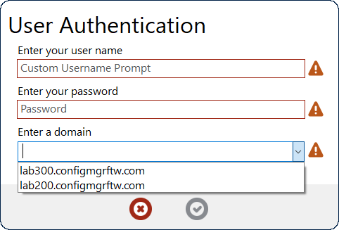 A UserAuth action dialog with customized prompts and a domain list